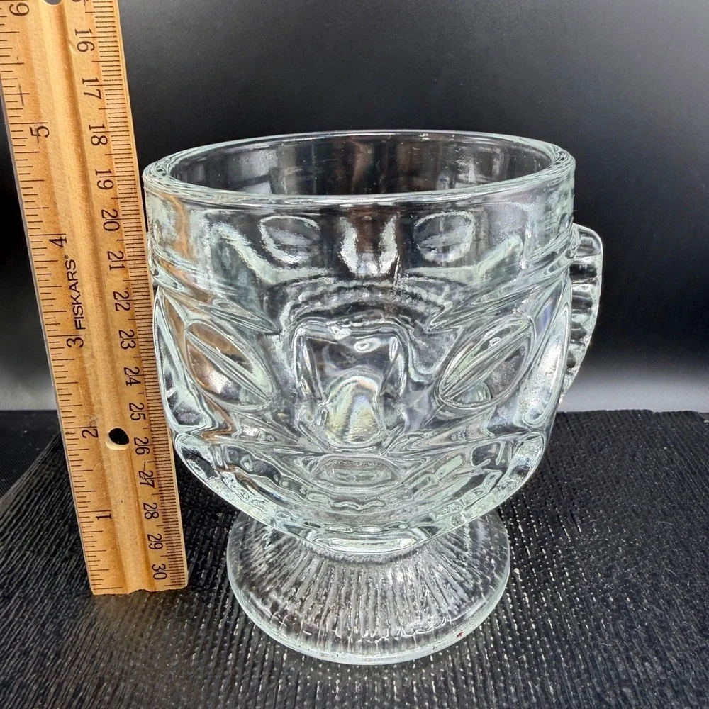 Indiana Glass Two faced Tiki‎ Drinking Glass Clear Embossed Face Single Mug Cup